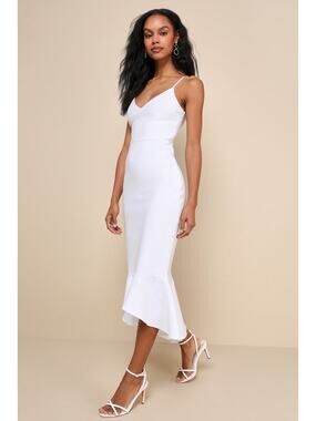 NWOT Lulus Stun Like Me White Bodycon Trumpet Hem Midi Dress Gala Banquet Sz XS